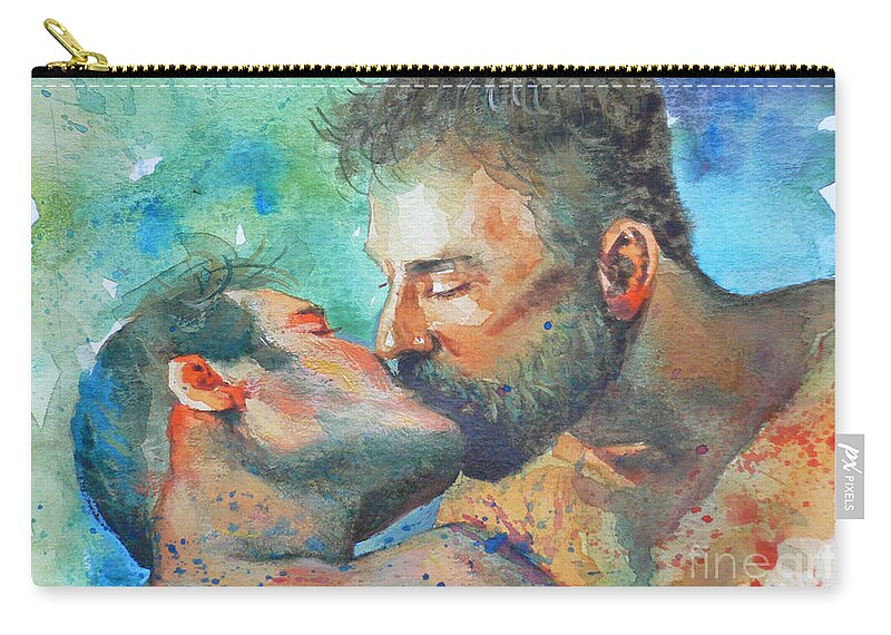 Original Art Zip Pouch featuring the painting Original Watercolour Painting Art Portrait Of Two Men ' Kiss On Paper #16-1-26-07 by Hongtao Huang