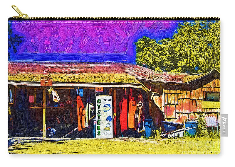 Roche-harbor Zip Pouch featuring the digital art Oyster Hut by Kirt Tisdale