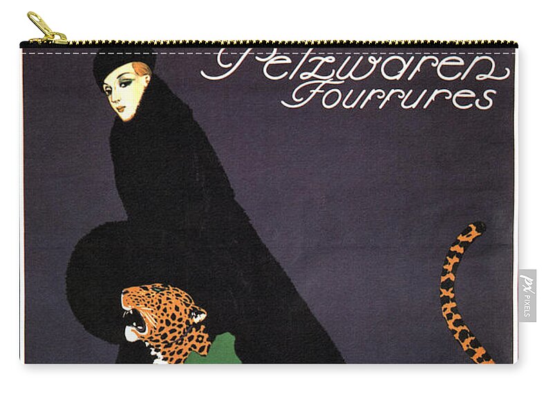 P Ruckmar And Co Zip Pouch featuring the mixed media P Ruckmar and Co, Zurich - Switzerland - Lady, Cheetah, Fur Jacket - Vintage Fashion Advertisement by Studio Grafiikka