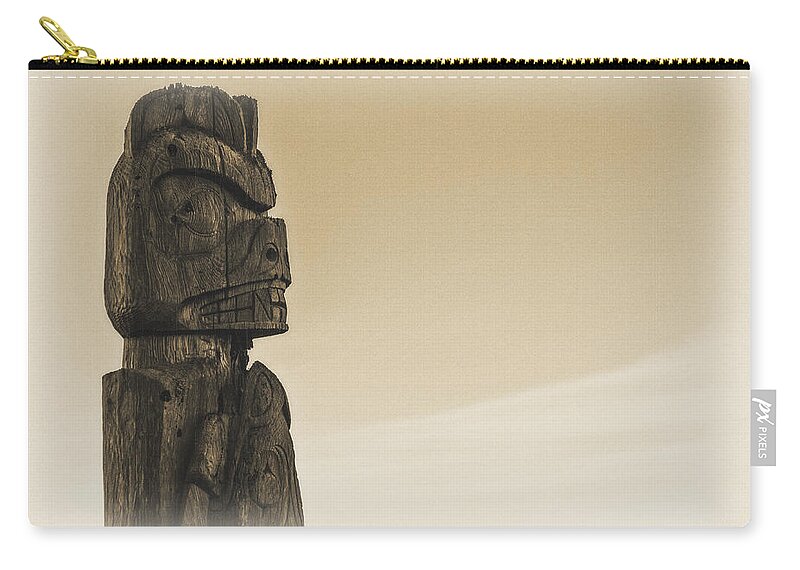 Sign Zip Pouch featuring the photograph Pacific Northwest Totem Pole Old Yellow by Pelo Blanco Photo
