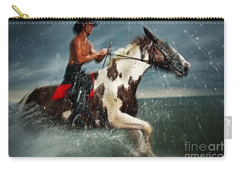 Horse Zip Pouch featuring the photograph Paint horse running in the water by Dimitar Hristov