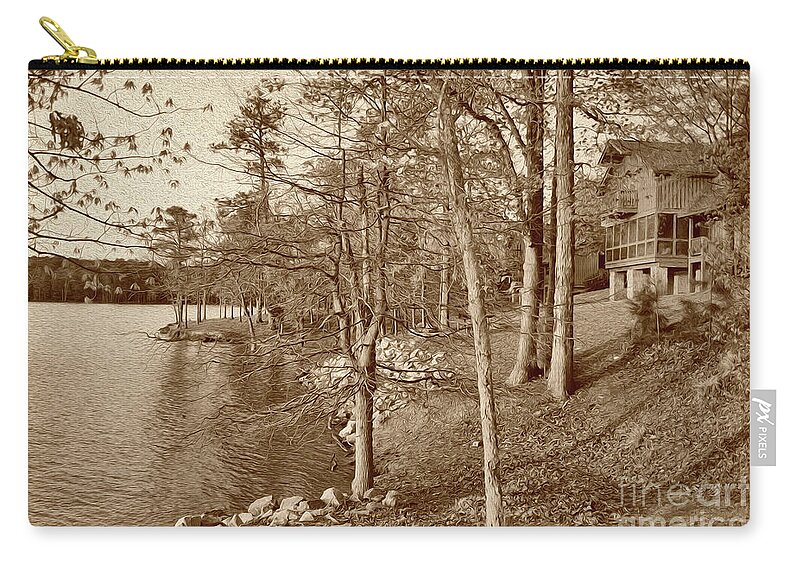 Scenic Zip Pouch featuring the photograph Painted Shore Camps In Sepia by Skip Willits