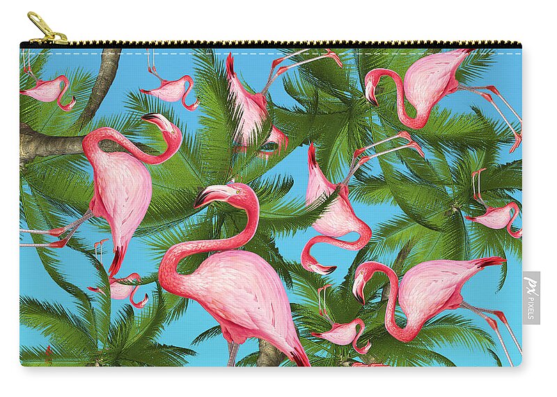  Summer Carry-all Pouch featuring the digital art Palm tree and flamingos by Mark Ashkenazi