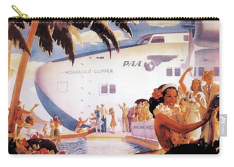 Pan American Zip Pouch featuring the mixed media Pan American Airways - Hawaiians Greeting People - Retro travel Poster - Vintage Poster by Studio Grafiikka