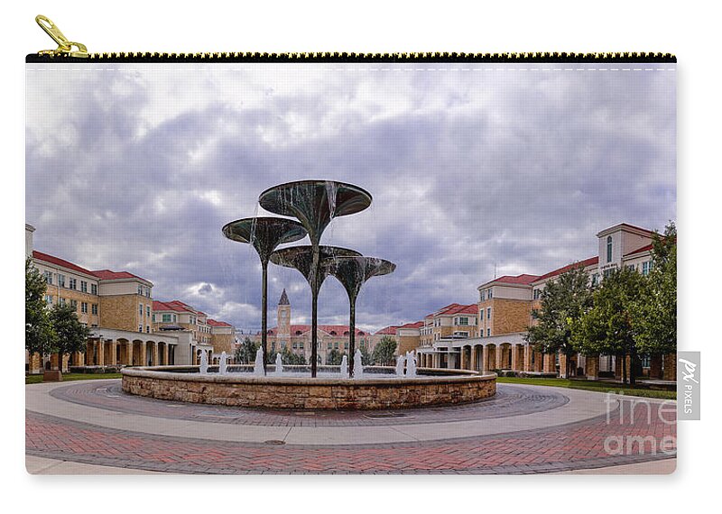 Fort Zip Pouch featuring the photograph Panorama of Texas Christian University Campus Commons and Frog Fountain - Fort Worth Texas by Silvio Ligutti