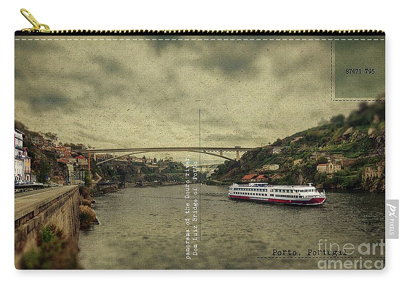 Postcard Zip Pouch featuring the digital art panorama of the Douro river, Dom Luiz Bridge of Porto, Portugal by Ariadna De Raadt
