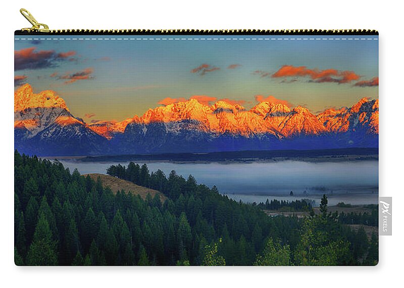 Grand Teton National Park Zip Pouch featuring the photograph Panoramic Dawn on the Tetons by Greg Norrell