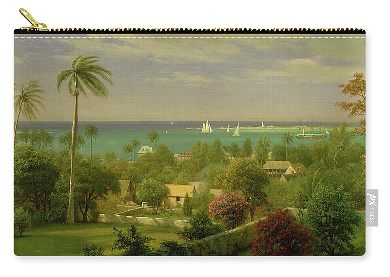 Panoramic View Of The Harbour At Nassau In The Bahamas Zip Pouch featuring the painting Panoramic View of the Harbour at Nassau in the Bahamas by Albert Bierstadt