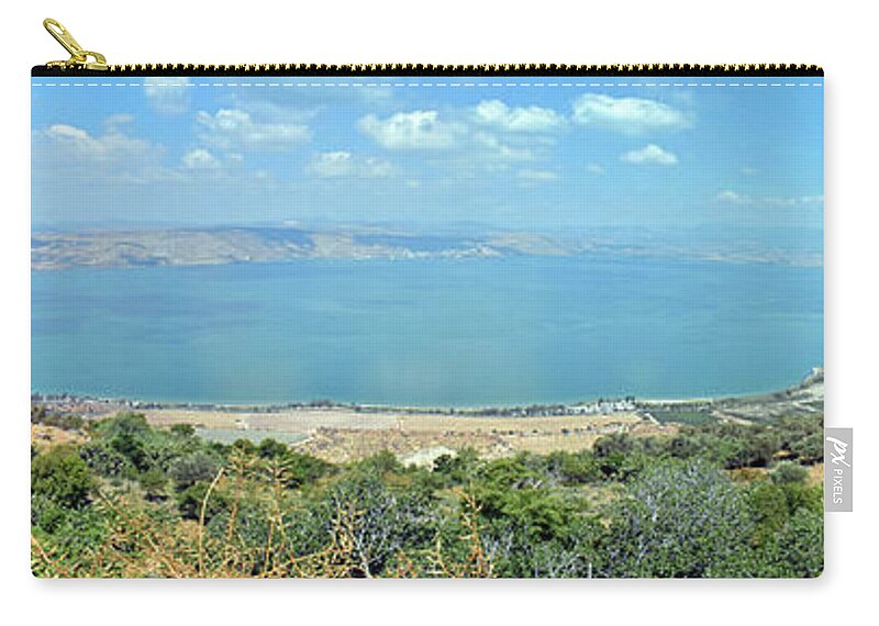 Sea Of Galilee Zip Pouch featuring the photograph Panoramic View of The Sea of Galilee by Lydia Holly