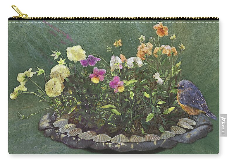Bluebird Zip Pouch featuring the painting Pansies and Bluebird by Nancy Lee Moran