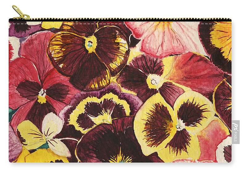 Watercolor Zip Pouch featuring the painting Pansies Competing For Attention by Shawna Rowe
