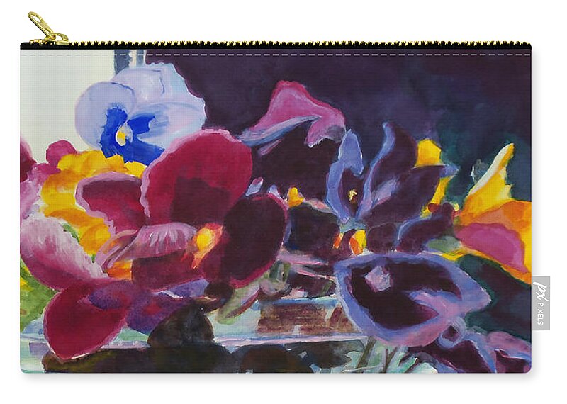 Paintings Zip Pouch featuring the painting Pansies in Crystal Vase  by Kathy Braud