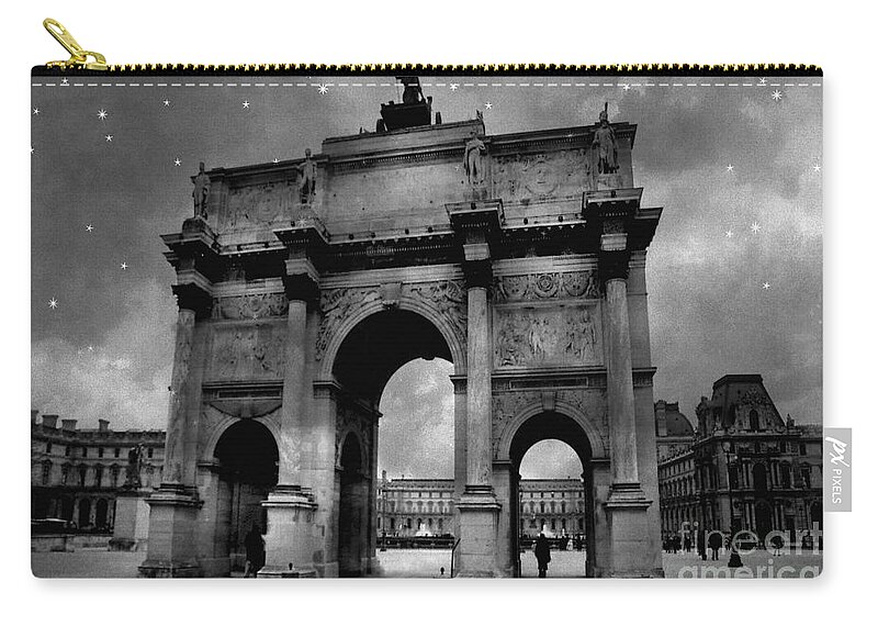 Louvre Zip Pouch featuring the photograph Paris Louvre Entrance Arc de Triomphe Architecture - Paris Black White Starry Night Monuments by Kathy Fornal
