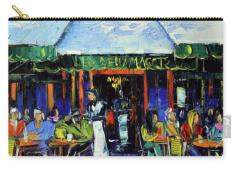 Les Deux Magots Zip Pouch featuring the painting Paris Morning at Les Deux Magots - Modern Impressionism Oil Painting Mona Edulesco by Mona Edulesco