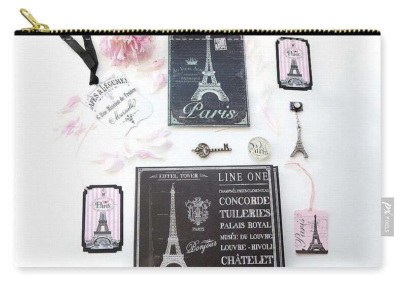 French Decor Zip Pouch featuring the photograph Paris Pink Black French Script Wall Decor Art, Paris Print Collection - Parisian Pink Black Decor  by Kathy Fornal