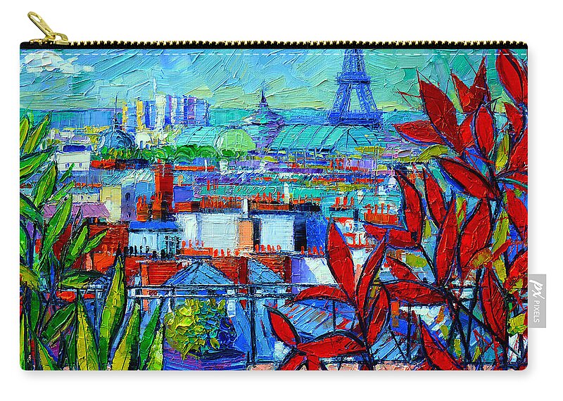 Paris Rooftops Zip Pouch featuring the painting Paris Rooftops - View From Printemps Terrace  by Mona Edulesco