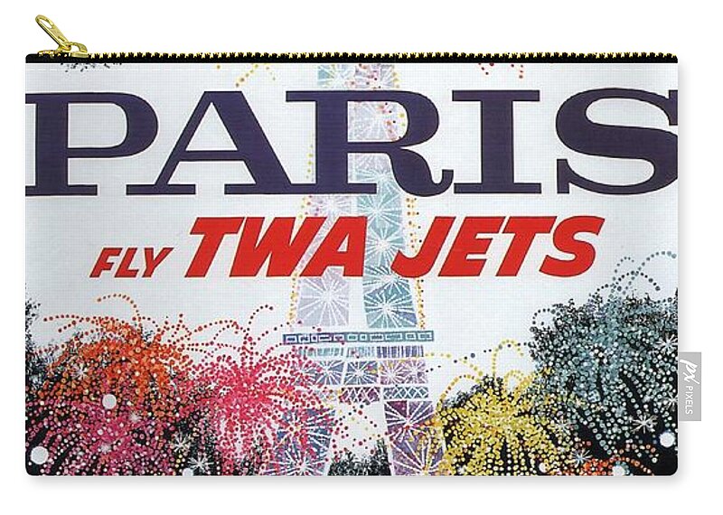 Travel Poster Zip Pouch featuring the mixed media Paris - TWA Jets - Trans World Airlines - Eiffel Tower - Retro travel Poster - Vintage Poster by Studio Grafiikka