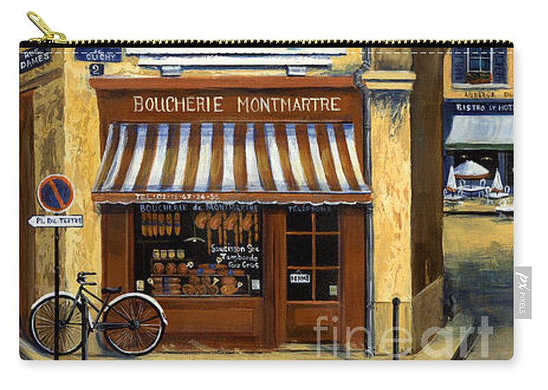 Europe Zip Pouch featuring the painting Parisian Bistro and Butcher Shop by Marilyn Dunlap