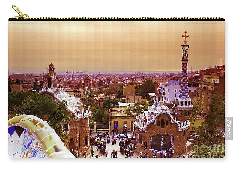 Antonio Gaudi Zip Pouch featuring the photograph Park Guell at Sunset in Barcelona by Anastasy Yarmolovich