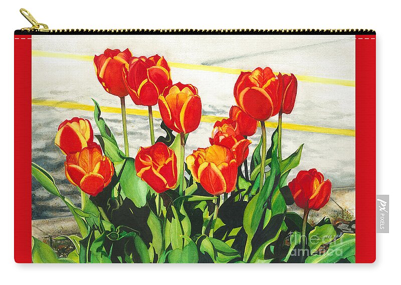 Watercolor Flowers Zip Pouch featuring the painting Parking Lot tulips by Barbara Jewell