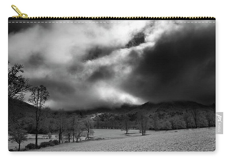 Snow Zip Pouch featuring the photograph Passing Snow In North Carolina in Black and White by Greg and Chrystal Mimbs
