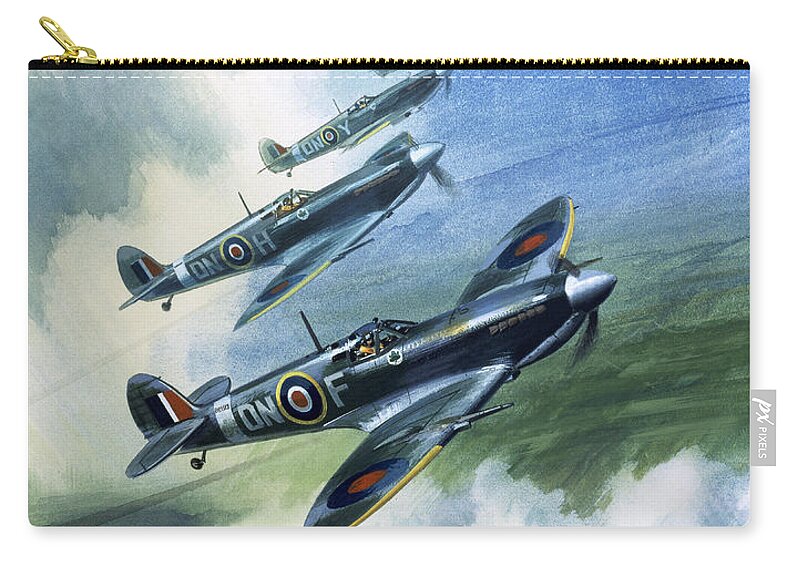 Patrolling Flight Of 416 Squadron Zip Pouch featuring the painting Patrolling flight of 416 Squadron, Royal Canadian Air Force, Spitfire Mark Nines by Wilf Hardy