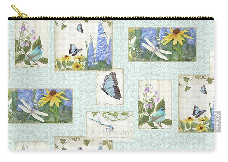 Half Drop Repeat Carry-all Pouch featuring the painting Pattern Butterflies Dragonflies Birds and Blue and Yellow Floral by Audrey Jeanne Roberts
