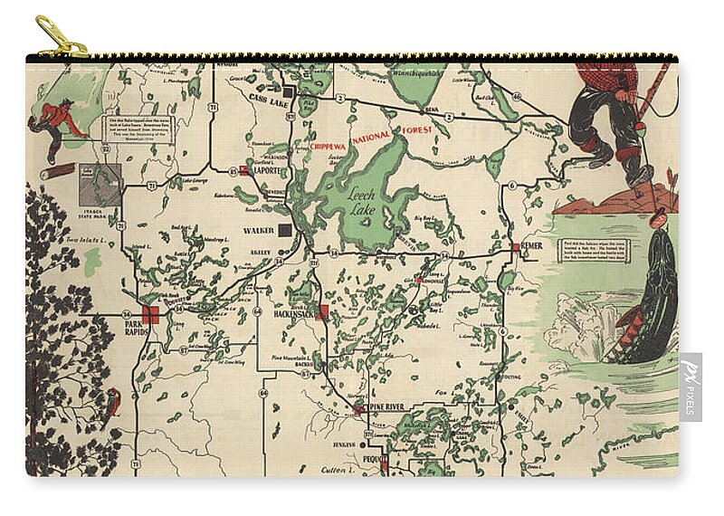 Northern Minnesota Zip Pouch featuring the mixed media Paul Bunyan's Playground - Northern Minnesota - Vintage Illustrated Map - Cartography by Studio Grafiikka