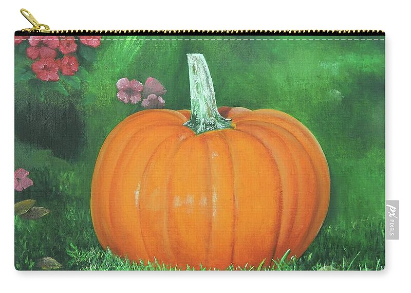 Fall Painting Zip Pouch featuring the painting Pauline's Pumpkin by Kenneth Harris