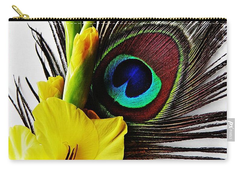 Gladiolus Zip Pouch featuring the photograph Peacock Feather and Gladiola 3 by Sarah Loft