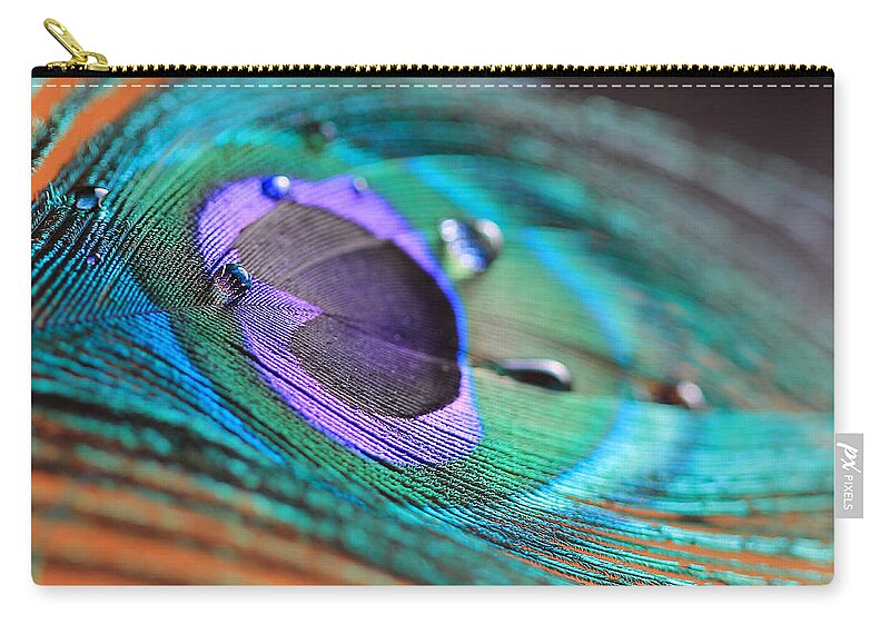 Peacock Zip Pouch featuring the photograph Peacock Feather with Water Drops by Angela Murdock
