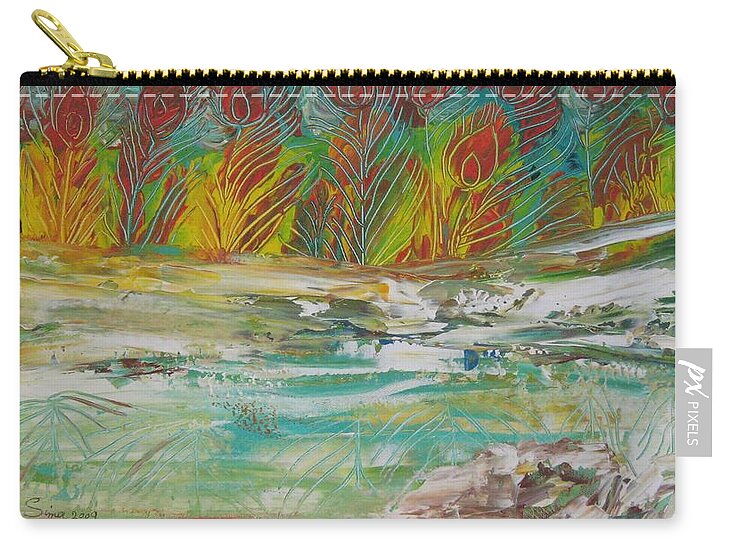 Abstract Zip Pouch featuring the painting Peacock trees at the lake by Sima Amid Wewetzer