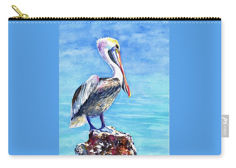 Pelican Zip Pouch featuring the painting Pelican on a Post by Carlin Blahnik CarlinArtWatercolor
