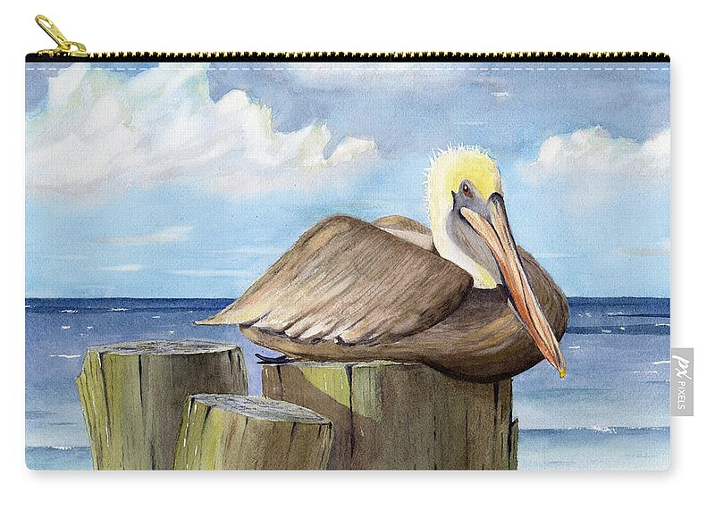 Pelican Zip Pouch featuring the painting Pelican Perch by Joseph Burger