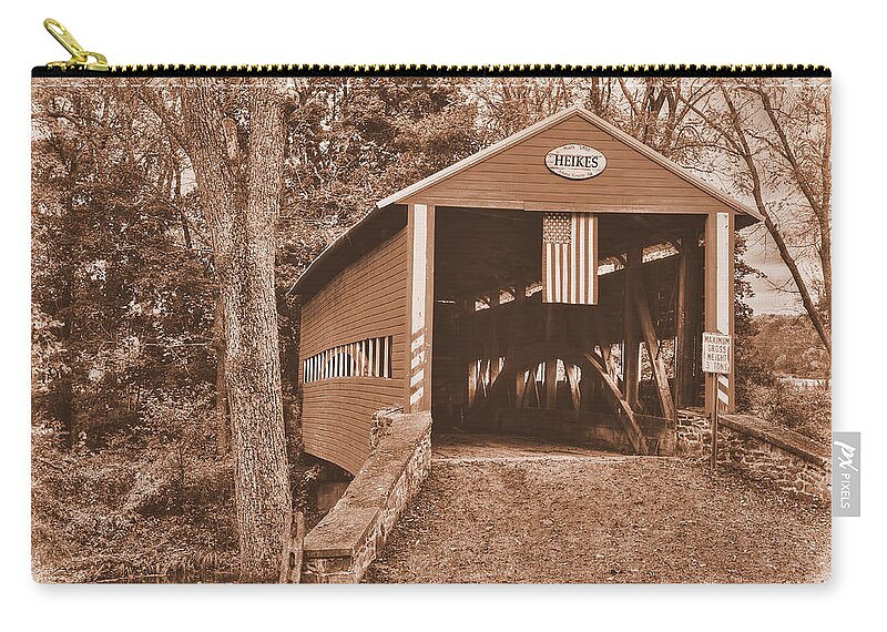 Heikes Covered Bridge Zip Pouch featuring the photograph Pennsylvania Country Roads - Heikes Covered Bridge Over Bermudian Creek Sepia - Adams County by Michael Mazaika