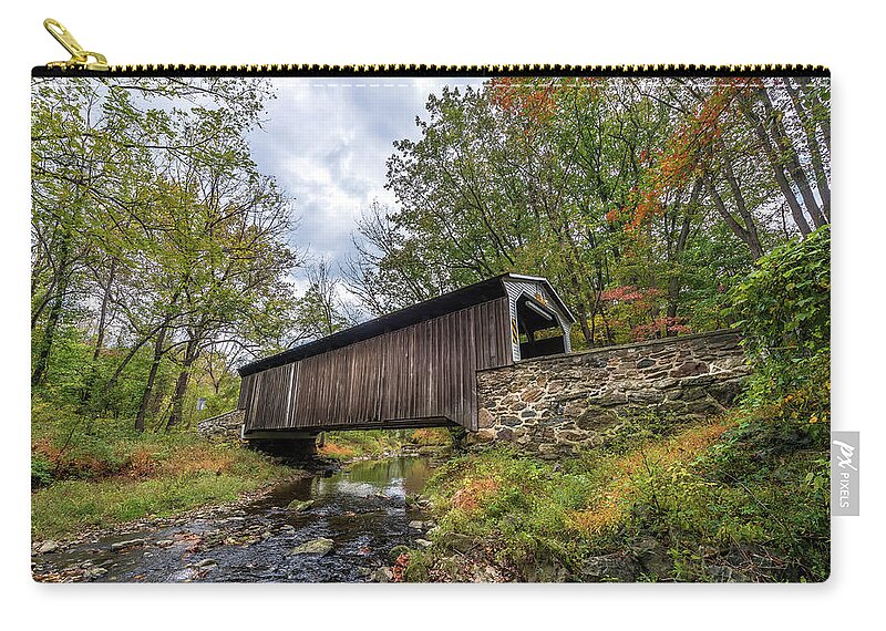 Bridge Zip Pouch featuring the photograph Pennsylvania Covered Bridge in Autumn by Patrick Wolf