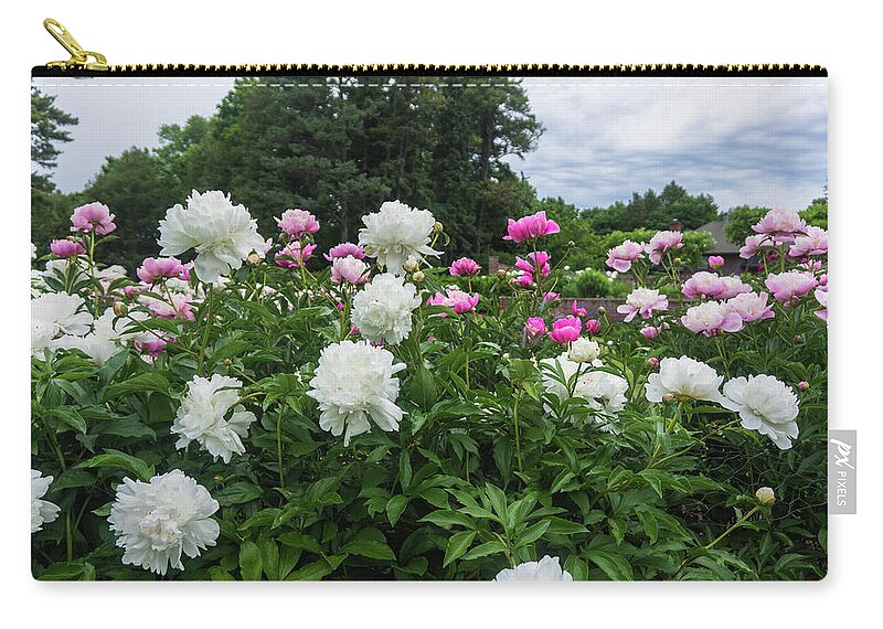 Peonies Zip Pouch featuring the photograph Peonies in Garden by Ann Moore