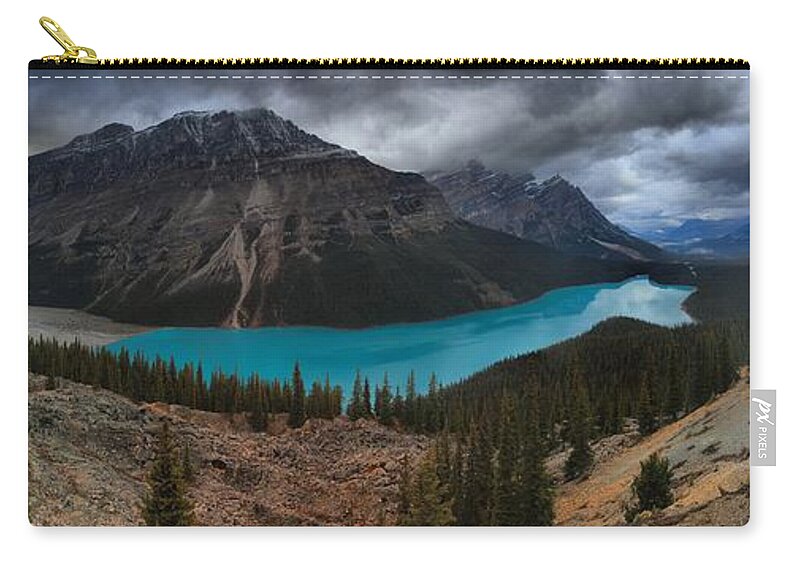 Peyto Lake Zip Pouch featuring the photograph Peyto Lake Stormy Morning Panorama by Adam Jewell