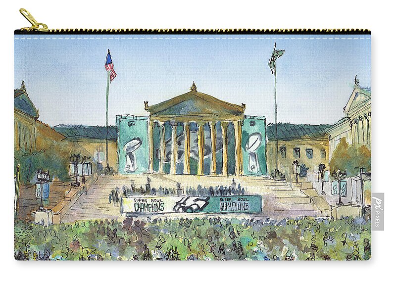 Philadelphia Eagles Super Bowl Nfl Football Champion Art Museum Philly Phila Parade Zip Pouch featuring the painting Philadelphia Eagles, Flying High by Elissa Poma