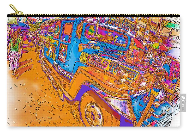 Asia Zip Pouch featuring the drawing Philippine Girl walking by a Jeepney by Rolf Bertram
