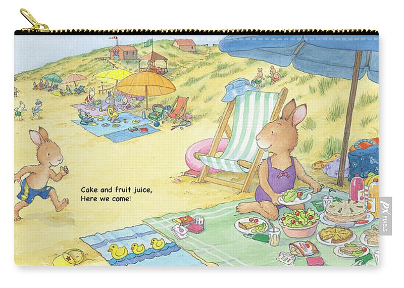 Sunny Bunnies Zip Pouch featuring the painting Picnic Lunch on the Beach -- With Text by June Goulding