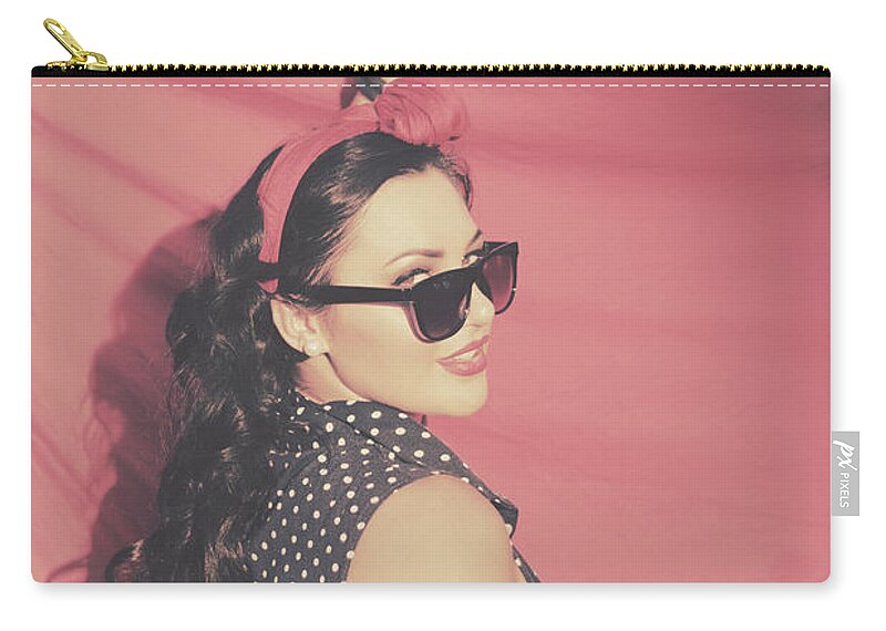 Woman Zip Pouch featuring the photograph Pin up fifties laundry lady hanging out red linen by Jorgo Photography