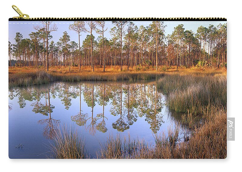 00175905 Zip Pouch featuring the photograph Pine Trees Reflected In Pond Near Piney by Tim Fitzharris