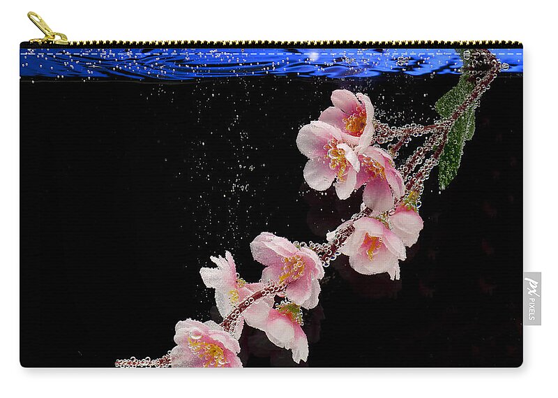 Water Zip Pouch featuring the photograph Pink Blossom in Water with Bubbles by Dmitry Soloviev