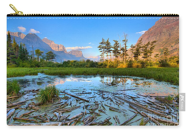 St Mary Lake Carry-all Pouch featuring the photograph Pink Peaks Over Driftwood by Adam Jewell