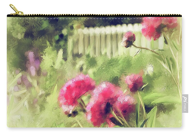 Peony Zip Pouch featuring the digital art Pink Peonies In A Vintage Garden by Lois Bryan