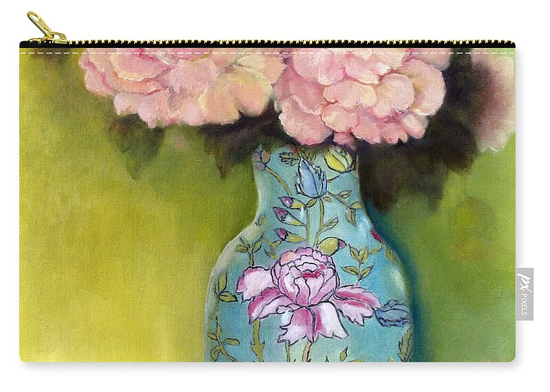 Still Life Zip Pouch featuring the painting Pink Peonies in an Aqua Vase by Marlene Book