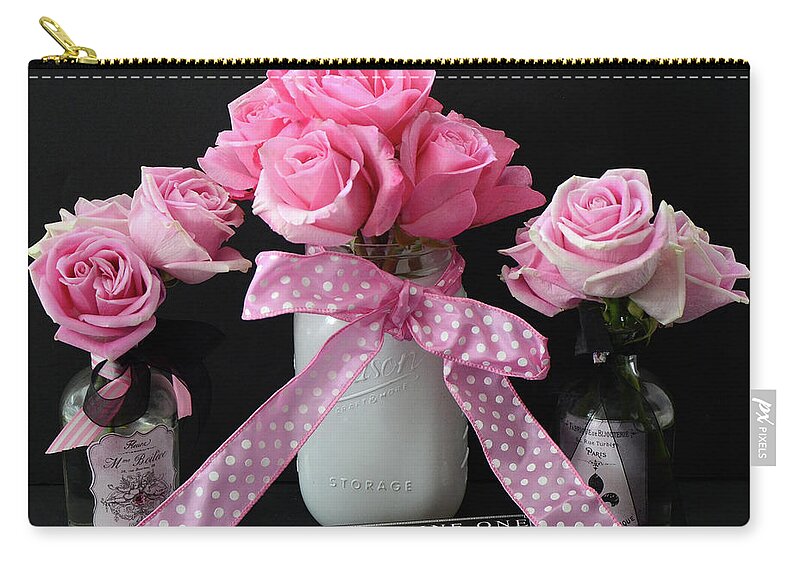 Paris Zip Pouch featuring the photograph Pink Roses French Decor - Pink and Black Parisian Wall Art - Pink Roses French Home Decor by Kathy Fornal