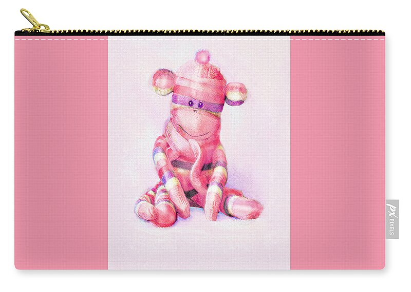 Monkey Zip Pouch featuring the digital art Pink Sock Monkey by Jane Schnetlage