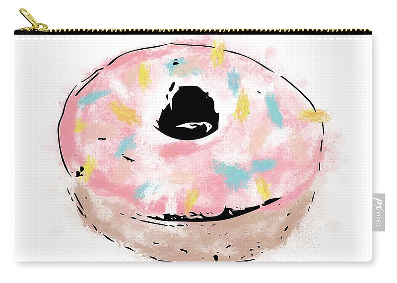 Donut Carry-all Pouch featuring the mixed media Pink Sprinkle Donut- Art by Linda Woods by Linda Woods